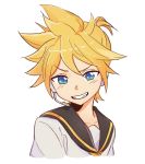  1boy bangs black_collar blonde_hair blue_eyes collar collarbone cropped_shoulders grin headphones headset highres kagamine_len looking_down looking_to_the_side m0ti male_focus microphone necktie sailor_collar school_uniform shirt short_hair short_ponytail smile smug solo spiked_hair upper_body v-shaped_eyebrows vocaloid white_background white_shirt yellow_neckwear 