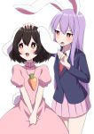  2girls :3 animal_ears annoyed black_hair blazer blush bright_pupils buck_teeth bunny_ears bunny_tail carrot_necklace commentary_request cowboy_shot dress dress_shirt ear_grab eyebrows_visible_through_hair hair_between_eyes hand_on_another&#039;s_head hands_together high_collar highres inaba_tewi jacket lavender_hair long_hair looking_at_another looking_away looking_up multiple_girls necktie open_mouth pink_dress pink_skirt pleated_skirt puffy_short_sleeves puffy_sleeves red_eyes red_neckwear reisen_udongein_inaba shirt short_hair short_sleeves simple_background skirt tail touhou tsukimirin v_arms very_long_hair white_background white_pupils white_shirt 