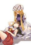  2girls ;o ascot bare_arms bare_shoulders black_hair blonde_hair bow commentary frilled_bow frilled_shirt_collar frills hair_bow hair_over_one_eye hair_tubes hakurei_reimu hand_on_own_stomach hat highres lap_pillow long_hair looking_at_another looking_up mob_cap multiple_girls one_eye_closed open_mouth rin_falcon shirt simple_background sleeveless sleeveless_shirt smile touhou white_background wide_sleeves yakumo_yukari yellow_eyes yellow_neckwear yuri 