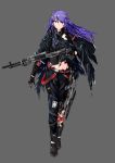  1girl absurdres belt black_footwear black_gloves black_jacket black_pants blue_hair brown_eyes frown full_body girls_frontline gloves grey_background gun hair_ornament hair_over_one_eye hairclip highres holding holding_gun holding_weapon jacket long_hair looking_at_viewer navel original pants parts_exposed simple_background solo standing w.alise weapon 