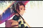  1boy backpack bag black_hair blurry box checkered dappled_sunlight day depth_of_field earrings facial_scar flower from_behind highres japanese_clothes jewelry kamado_tanjirou kimetsu_no_yaiba letterboxed long_sleeves looking_away male_focus oriental_umbrella red_eyes scar shimotsuki_shima solo sunlight umbrella upper_body wisteria 