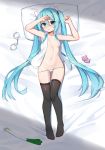  1girl aqua_eyes arms_up banned_artist black_legwear blue_hair blush breasts condom_wrapper cp00 cuffs full_body hair_between_eyes handcuffs hatsune_miku highres long_hair looking_at_viewer lying on_back open_clothes open_shirt panties panty_pull pillow shirt sleeveless sleeveless_shirt small_breasts solo spring_onion thigh_gap thighhighs twintails underwear very_long_hair vocaloid white_panties white_shirt 