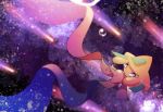  bubble floating full_body gen_3_pokemon highres jirachi legendary_pokemon no_humans no_mouth pokemon pokemon_(creature) purple_eyes shooting_star solo space star star_(sky) star_in_eye symbol_in_eye tears yukifuri_tsuyu 