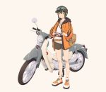  1girl absurdres bag bandaid belt camera dog_tags goggles ground_vehicle gun handgun hat highres holster holstered_weapon honda_super_cub hood hoodie huge_filesize kino kino_no_tabi kokuya28 leica_(camera) motor_vehicle motorcycle short_hair shorts strap weapon 