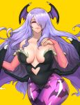  1girl animal_print art_cerealex bangs bare_shoulders bat bat_print breasts bridal_gauntlets camilla_(fire_emblem) cleavage closed_mouth collarbone commentary cosplay feather_trim fingernails fire_emblem fire_emblem_fates fire_emblem_heroes hair_over_one_eye hand_up head_wings highleg highleg_leotard highres large_breasts leotard lips long_hair morrigan_aensland morrigan_aensland_(cosplay) nail_polish orange_background pantyhose print_legwear purple_hair red_eyes red_nails shiny shiny_clothes shiny_hair shiny_skin simple_background skin_tight smile strapless strapless_leotard vampire_(game) wings 