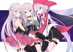  3girls bare_shoulders black_choker black_gloves blonde_hair blue_eyes blue_hair boots braid choker commentary detached_sleeves from_side gloves gonchuu_(gontyuu) highres ia_(vocaloid) legs_folded long_hair looking_at_viewer multicolored_hair multiple_girls multiple_persona parted_lips pink_hair pink_skirt pleated_skirt single_glove single_thighhigh skirt smile spaghetti_strap streaked_hair thigh_strap thighhighs twin_braids two-tone_hair very_long_hair vocaloid white_footwear 