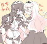  2girls belt cape closed_mouth corrin_(fire_emblem) corrin_(fire_emblem)_(female) eromame fire_emblem fire_emblem_awakening fire_emblem_fates hairband hand_kiss kiss long_hair long_sleeves lucina_(fire_emblem) monochrome multiple_girls pointy_ears simple_background tiara twitter_username yuri 