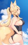  1girl absurdres animal_ear_fluff animal_ears ass blonde_hair blue_sky breasts cloud commentary_request cowboy_shot fox_ears fox_girl fox_tail from_side hair_ornament hair_scrunchie hal_(h_lambda_l) hands_on_hips highres large_breasts long_hair looking_at_viewer one-piece_swimsuit original ponytail scrunchie sideboob sky solo swimsuit tail yellow_eyes 