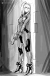  1girl against_wall bbc-chan bodysuit boots breasts commentary english_commentary greyscale gun handgun hiding high_contrast high_heel_boots high_heels high_ponytail highres holding holding_gun holding_weapon inktober latex latex_bodysuit lips long_hair medium_breasts metroid monochrome pistol samus_aran skin_tight solo thick_thighs thighs trigger_discipline weapon 