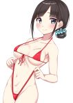  1girl armpits arms_up bangs bikini black_eyes black_hair blunt_bangs blush breasts cleavage closed_mouth collarbone fuji_yoshida head_tilt highres large_breasts looking_at_viewer mole mole_on_neck navel nijisanji panties panty_pull red_bikini red_bikini_bottom red_bikini_top short_hair side_bun smile solo standing stomach suzuka_utako swimsuit thighs underwear virtual_youtuber white_background 