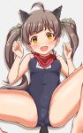  1girl animal_ears bangs blue_swimsuit blush brown_eyes brown_hair butt_plug covered_navel dog_ears dog_tail green_ribbon hair_ornament hair_ribbon hakozaki_serika idolmaster idolmaster_million_live! idolmaster_million_live!_theater_days long_hair name_tag narunaru1320 old_school_swimsuit one-piece_swimsuit open_eyes open_mouth red_scarf ribbon scarf school_swimsuit spread_legs swimsuit tail twintails 