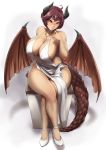  1girl bare_shoulders blush breasts brown_eyes brown_hair cleavage commentary_request crossed_legs curvy dragon_horns dragon_tail dragon_wings dress granblue_fantasy grea_(shingeki_no_bahamut) high_heels highres horns jewelry large_breasts legs light_smile looking_at_viewer necklace packge raised_eyebrows shingeki_no_bahamut short_hair sitting solo tail thighs white_dress white_footwear wings 