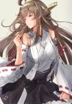  1girl ahoge artist_name black_skirt breasts brown_hair clenched_hands cowboy_shot detached_sleeves double_bun hairband hazuki_futahi headgear highres kantai_collection kongou_(kantai_collection) large_breasts long_hair looking_to_the_side nontraditional_miko purple_eyes remodel_(kantai_collection) simple_background skirt solo white_background 