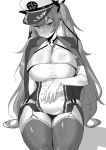  1girl amano_don azur_lane bangs blush breasts buttons cleavage closed_mouth collar dress elbow_gloves garter_straps gloves greyscale hat honolulu_(azur_lane) jacket_on_shoulders large_breasts long_hair metal_collar monochrome peaked_cap short_dress sitting solo thighhighs thighs twintails very_long_hair 