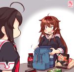  2girls ahoge artist_logo backpack bag bag_of_chips bangs black_hair black_serafuku bottle bow braid brown_hair candy chips chocolate chocolate_bar coca-cola cola commentary dated food hair_bow hair_flaps hair_over_shoulder hairband highres hood hood_down hoodie kanon_(kurogane_knights) kantai_collection long_hair long_sleeves multiple_girls open_mouth orange_eyes potato_chips red_bow remodel_(kantai_collection) school_uniform serafuku shigure_(kantai_collection) shiratsuyu_(kantai_collection) short_hair short_sleeves single_braid smile soda soda_bottle water_bottle 