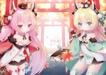  3girls azur_lane bangs bare_shoulders black_gloves black_skirt blonde_hair blurry blurry_background blush breasts character_request closed_mouth commentary_request depth_of_field detached_sleeves eyebrows_visible_through_hair fingerless_gloves fur-trimmed_sleeves fur_trim gloves green_eyes green_sleeves hair_between_eyes hamakaze_(azur_lane) hands_up headgear koko_ne_(user_fpm6842) long_hair long_sleeves looking_at_viewer multiple_girls on_head pink_hair pleated_skirt red_eyes red_sleeves ribbon-trimmed_sleeves ribbon_trim skirt small_breasts smile strapless striped tanikaze_(azur_lane) thighhighs torii twintails very_long_hair white_legwear wide_sleeves 