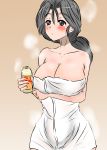  1girl absurdres bare_shoulders blush bottle breast_hold breasts brown_background cleavage commentary eyebrows_visible_through_hair freckles girls_und_panzer gradient gradient_background grey_eyes grey_hair hair_tie half-closed_eyes highres holding holding_bottle large_breasts long_hair moesenyukikaze naked_towel parted_lips piyotan ponytail solo standing steam towel white_towel 
