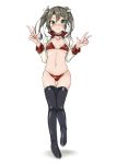  1girl alternate_costume asake_ameji ass_visible_through_thighs bikini black_legwear breasts commentary_request cropped_jacket double_v full_body gradient_hair green_eyes jacket kantai_collection long_hair looking_at_viewer multicolored_hair navel race_queen red_bikini simple_background small_breasts solo standing swimsuit thighhighs twintails v white_background white_jacket zuikaku_(kantai_collection) 