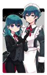  1boy 1girl black_gloves blue_eyes blue_hair butler byleth_(fire_emblem) byleth_(fire_emblem)_(female) byleth_(fire_emblem)_(male) closed_mouth crossdressing dated fire_emblem fire_emblem:_three_houses gloves kona_sleipnir long_sleeves maid maid_headdress medium_hair short_hair 