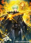  1boy 1girl armor black_armor black_cape braid byleth_(fire_emblem) byleth_(fire_emblem)_(male) cape closed_mouth company_name copyright_name fire_emblem fire_emblem:_three_houses fire_emblem_cipher green_eyes green_hair hair_ornament holding holding_sword holding_weapon kita_senri long_hair official_art pointy_ears short_hair sothis_(fire_emblem) sword tiara twin_braids weapon 