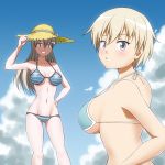  2girls bikini blue_bikini blue_eyes blush brave_witches breasts cloud collarbone eila_ilmatar_juutilainen eyebrows_visible_through_hair grin groin hand_on_headwear hand_on_hip hat hiro_yoshinaka large_breasts long_hair looking_at_viewer looking_back multiple_girls navel nikka_edvardine_katajainen outdoors parted_lips shiny shiny_hair shiny_skin short_hair sky smile straw_hat strike_witches striped striped_bikini swimsuit swimwear teeth white_hair world_witches_series 