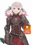  1girl :d alternate_costume armor bag bandolier blood blood_splatter blood_stain chips commentary_request crazy_eyes crumbs empty_eyes english_text food girls_frontline gun highlights highres labyrinth_of_the_dark multicolored_hair numazume open_mouth orange_eyes pink_hair potato potato_chips shotgun shotgun_shells smile solo spas-12 spas-12_(girls_frontline) two-tone_hair upside-down_text weapon white_hair yandere 