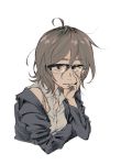  1girl ahoge breasts brown_eyes brown_hair dagashi_kashi glasses highres jacket kotoyama looking_at_viewer medium_hair open_mouth owari_hajime semi-rimless_eyewear shirt simple_background solo white_background 