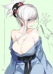  asymmetrical_hair bangs bare_shoulders blue_eyes blush breasts fate/grand_order fate_(series) hair_ornament japanese_clothes kimono large_breasts miyamoto_musashi_(fate/grand_order) obi pink_hair ponytail sash sketch swept_bangs tooya_daisuke yukata 