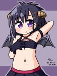  1girl armpits bangs bare_shoulders black_gloves black_hair black_skirt black_wings blush breasts cleavage closed_mouth commentary_request crop_top curled_horns dated demon_girl demon_horns demon_wings eyebrows_visible_through_hair gabriel_dropout gloves hair_between_eyes hair_ornament hairclip hallelujah_essaim hana_kazari hand_up highres horns long_hair looking_at_viewer navel outline pleated_skirt purple_background purple_eyes purple_outline skirt small_breasts smile solo translation_request tsukinose_vignette_april two-tone_background wings x_hair_ornament 