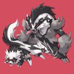  black_eyes claws fang galarian_form galarian_linoone galarian_zigzagoon gen_3_pokemon gen_8_pokemon linoone no_humans obstagoon pokemon pokemon_(creature) red_background red_sclera simple_background smile symbol_commentary takase_(takase1214) tongue tongue_out zigzagoon 