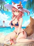  1girl absurdres animal_ear_fluff animal_ears bare_shoulders barefoot beach between_legs bikini blue_bikini blue_sky bow bracelet breasts churi_(oxxchurixxo) cleavage cloud collarbone cup day drinking_glass ears_through_headwear fate/grand_order fate_(series) food fox_ears fox_girl fox_tail groin hat hat_bow highres holding holding_spoon horizon ice_cream jewelry large_breasts leaf lighthouse long_hair looking_at_viewer navel ocean outdoors pink_hair pocky side-tie_bikini sitting sky solo spill spoon stomach sun_hat sunlight swimsuit tail tamamo_(fate)_(all) tamamo_no_mae_(swimsuit_lancer)_(fate) wariza white_headwear yellow_eyes 