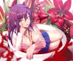  1girl :d ayagi_daifuku bandaged_arm bandages bangs blood blood_on_face bloody_bandages breasts cleavage commentary constricted_pupils crazy_eyes cup doki_doki_literature_club english_commentary flower flower_request hair_between_eyes hair_ornament hairclip in_container in_cup large_breasts long_hair long_sleeves looking_at_viewer open_clothes open_mouth open_shirt pleated_skirt purple_eyes purple_hair shirt skirt sleeve_rolled_up smile solo white_shirt yuri_(doki_doki_literature_club) 