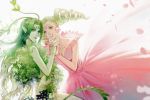  2girls bingxiaojian blonde_hair cardcaptor_sakura clow_card dress drill_hair earrings expressionless flower_(clow_card) flower_earrings green_eyes green_hair green_lips highres holding_hands interlocked_fingers jewelry leaf light_green_hair lips long_hair looking_at_another looking_at_viewer monster_girl multiple_girls parted_lips petals pink_dress plant plant_girl pointy_ears teeth twintails upper_body vines wood_(clow_card) 