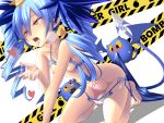  1girl absurdres blackxxx bombergirl breasts dark_blue_hair drill_hair fangs heart_tattoo highres lewisia_aquablue licking navel pointy_ears pubic_tattoo small_breasts small_nipples swimsuit tail tattoo twin_drills twintails yellow_eyes 