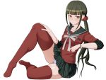  1girl bangs black_sailor_collar blunt_bangs bow bracelet collarbone danganronpa full_body green_hair harukawa_maki jewelry long_hair long_sleeves looking_at_viewer low_twintails miniskirt mole mole_under_eye new_danganronpa_v3 oshiza panties pantyshot pantyshot_(sitting) plaid plaid_skirt pleated_skirt red_eyes red_legwear red_scrunchie red_shirt sailor_collar school_uniform scrunchie serafuku shirt simple_background sitting skirt solo spread_legs thighhighs twintails underwear white_background white_bow 