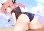  1boy 1girl ass azur_lane beach blush censored commentary_request cowgirl_position hair_ornament headband hetero iron_cross jacket looking_at_viewer medium_hair momochieri mosaic_censoring open_mouth penis petite pink_hair pussy school_swimsuit sky solo_focus straddling swimsuit u-81_(azur_lane) yellow_eyes 