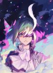  1boy androgynous bangs closed_mouth cravat fire floating_hair glowing glowing_eye green_fire green_hair hair_over_one_eye jacket ke889 lio_fotia looking_at_viewer mad_burnish male_focus promare purple_eyes purple_fire purple_hair solo upper_body wind 