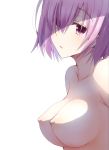  1girl areolae breasts fate/grand_order fate_(series) from_side hair_over_one_eye highres looking_at_viewer mash_kyrielight medium_breasts nipples nude purple_eyes purple_hair raised_eyebrows rikudou_inuhiko shaded_face short_hair solo upper_body white_background 