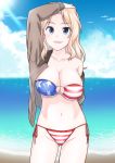  1girl american_flag american_flag_bikini ass_visible_through_thighs bikini blonde_hair blue_eyes blue_sky breasts brown_jacket cleavage cloud cloudy_sky commentary_request cowboy_shot day eyebrows_visible_through_hair flag_print girls_und_panzer hair_intakes hand_on_own_head igarashi_(igarashi_346) jacket kay_(girls_und_panzer) large_breasts long_hair long_sleeves looking_at_viewer navel o-ring o-ring_bikini ocean off_shoulder open_mouth outdoors partial_commentary print_bikini side-tie_bikini skindentation sky smile solo sparkle standing strapless strapless_bikini sunlight swimsuit 