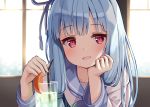  1girl :d arm_support backlighting bangs bendy_straw blue_hair blue_ribbon blue_sailor_collar blurry blurry_background blush commentary cup depth_of_field drink drinking_glass drinking_straw eyebrows_visible_through_hair hair_ribbon head_in_hand ice ice_cube indoors kotonoha_aoi long_hair long_sleeves looking_at_viewer ominaeshi_(takenoko) open_mouth red_eyes ribbon sailor_collar school_uniform serafuku shirt smile solo upper_body voiceroid white_shirt window 