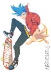  1boy blue_eyes blue_hair casual copyright_name foreshortening galo_thymos jacket kengo looking_at_viewer male_focus open_mouth outstretched_hand pants promare skateboard smile spiked_hair white_background 
