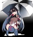  1girl absurdres alternate_costume azur_lane bangs bare_shoulders black_footwear black_hair black_nails blue_eyes boots covered_navel deutschland_(azur_lane) eyewear_on_head finger_to_mouth highres holding holding_umbrella ioa2324 jacket leotard looking_at_viewer mole multicolored_hair nail_polish off_shoulder race_queen sidelocks solo squatting streaked_hair sunglasses thigh_boots thighhighs tongue tongue_out umbrella zipper 
