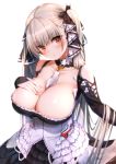  1girl azur_lane between_breasts black_bow black_dress blush bow breasts cleavage closed_mouth collarbone detached_collar dress formidable_(azur_lane) frilled_dress frills hair_bow hand_on_own_chest highres large_breasts long_hair long_sleeves looking_at_viewer red_eyes silver_hair simple_background solo twintails upper_body very_long_hair west_24 white_background 