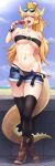  1girl belt bikini black_belt black_bikini black_legwear black_tubetop blonde_hair blue_eyes boots bowsette bracelet breasts brown_footwear collarbone commentary commission covered_nipples crossed_legs crown dakimakura day denim denim_shorts english_commentary eyewear_on_head fang food full_body fur-trimmed_shorts high_heel_boots high_heels highres horns jewelry large_breasts long_hair mario_(series) maritan_(pixelmaritan) monster_girl navel new_super_mario_bros._u_deluxe no_shirt open_fly open_mouth outdoors pointy_ears popsicle short_shorts shorts solo spiked_bracelet spiked_tail spikes stomach strapless sunglasses super_crown sweat swimsuit tail thighhighs tongue tongue_out tubetop undone_belt uneven_eyes v-shaped_eyebrows watson_cross 