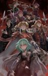  4boys 5girls armor arms_up arrow axe belt bernadetta_von_varley black_cape black_hair blonde_hair blue_hair book bow_(weapon) breasts brown_hair byleth_(fire_emblem) byleth_(fire_emblem)_(female) cape caspar_von_bergliez cleavage closed_mouth crying crying_with_eyes_open dorothea_arnault dress earrings edelgard_von_hresvelg ferdinand_von_aegir fire_emblem fire_emblem:_three_houses gloves green_hair hair_over_one_eye headpiece highres holding holding_arrow holding_axe holding_book holding_bow_(weapon) holding_sword holding_weapon horns hubert_von_vestra jewelry korokoro_daigorou linhardt_von_hevring long_hair long_sleeves medium_hair multiple_boys multiple_girls open_book open_mouth orange_hair pantyhose parted_lips petra_macneary polearm ponytail purple_hair red_eyes short_hair smile sword tears weapon white_gloves yellow_gloves 