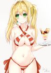 1girl absurdres ahoge artist_name bangs bikini blonde_hair blush breasts cleavage commentary_request criss-cross_halter eyebrows_visible_through_hair fate/grand_order fate_(series) green_eyes hair_intakes halterneck highres holding huidare ice large_breasts long_hair navel nero_claudius_(fate)_(all) nero_claudius_(swimsuit_caster)_(fate) side-tie_bikini simple_background solo striped striped_bikini swimsuit twintails white_background 