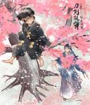  2boys barefoot black_hair cherry_blossoms child doudanuki_masakuni faux_traditional_media from_below in_tree japanese_clothes male_focus mikazuki_munechika multiple_boys outstretched_hand pukun short_ponytail sitting sitting_in_tree thick_outlines touken_ranbu tree younger 