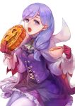  bangs breasts buttons cake cape circlet cup dress eating fire_emblem fire_emblem:_path_of_radiance fire_emblem_heroes food gloves halloween_costume highres ilyana_(fire_emblem) kokouno_oyazi long_hair long_sleeves looking_at_viewer open_mouth pantyhose pumpkin purple_eyes purple_hair red_gloves simple_background tea teacup teeth tied_hair white_background white_legwear 