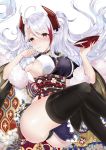  1girl absurdres antenna_hair ass azur_lane bangs black_legwear black_panties blush breasts choker commentary_request curvy eyebrows_visible_through_hair floating_hair hair_between_eyes highres japanese_clothes kimono large_breasts long_hair long_sleeves looking_at_viewer mole mole_on_breast multicolored_hair panties prinz_eugen_(azur_lane) prinz_eugen_(dance_of_a_hundred_flowers)_(azur_lane) red_hair sideboob silver_hair simple_background solo streaked_hair thighhighs thighs two_side_up underwear very_long_hair white_background wide_sleeves yukineko1018 