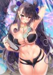  1girl arm_behind_head arm_up armpits aviator_sunglasses bangs bare_shoulders bikini black_bikini black_hair blush book breasts cleavage double_bun eyewear_removed fate/grand_order fate_(series) hair_between_eyes highres kawai large_breasts long_hair looking_at_viewer mouth_hold murasaki_shikibu_(fate) navel purple_eyes skindentation smile solo stomach sunglasses swimsuit thighs two_side_up very_long_hair wet 